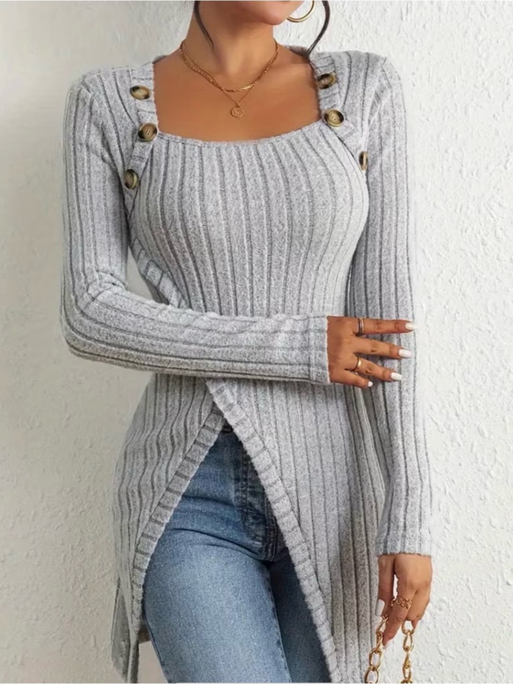 Ribbed Square Neck Button-Accent Gray Sweater